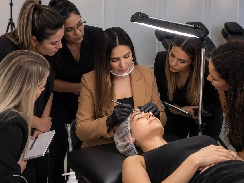 Carlla França realizando um procedimento de micropigmentação acompanhada pelas alunas
